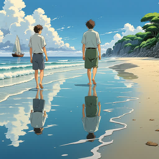 كان هناك رجل يمشي بجانب الشاطئ، فيتفاعل مع الماء الذي يلامس قدميه. كان يفكر في الأشياء الجيدة في حياته، وكانت هذه المشية معا مع البحر تعكس مشاعره الهادئة.