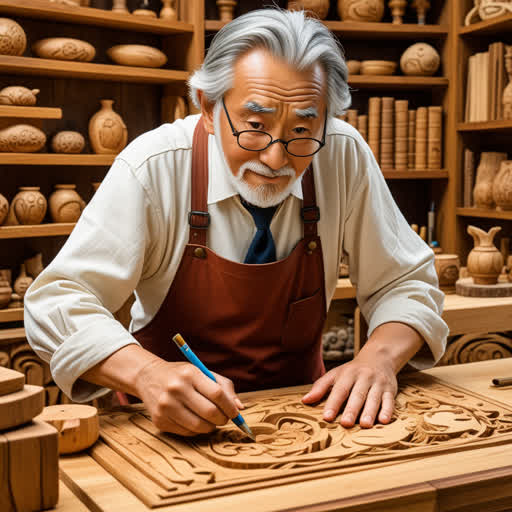 كان هناك مُبَاشِر يسعى لتعلم فن النحت بالخشب. كان يعمل بجد تحت إشراف سيده الخبير، وكانت رحلته في تعلم هذه المهارة تجلب له الكثير من المعرفة والخبرة.