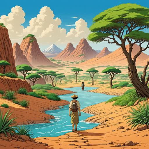 في منطقة جافة جدًا، كان هناك رجل يسعى للعثور على ماء. كانت أرضه جافة 'arid' ولم يكن هناك ماء للنباتات. أخذ في رحلته ليجد الماء ويعيد الحياة لأرضه.