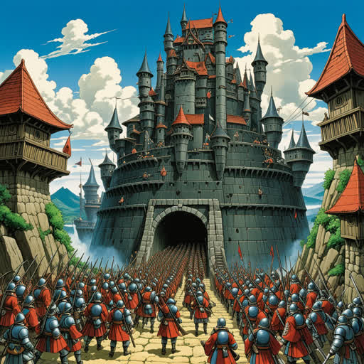 كان هناك جيش يقوم بمهاجمة قلعة عنيفة، يسعى لاستعادة السيطرة عليها من قبل الأعداء. في النهاية، تمكن الجيش من التصفيق بقوة واستعادة القلعة.