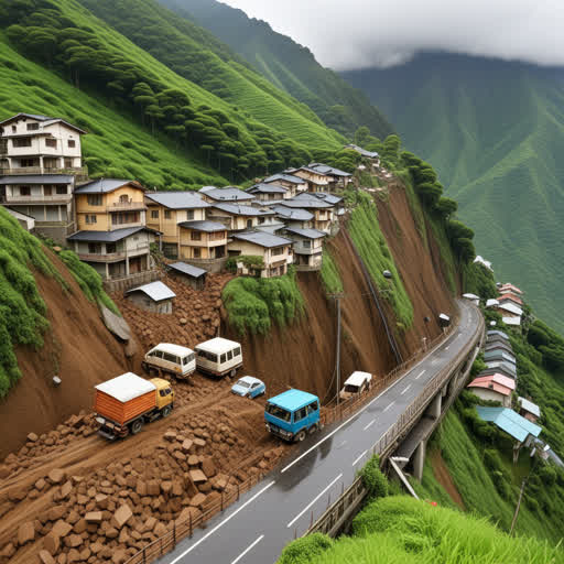 كان هناك يوم عاصف ومطر غزير، وبسبب الأمطار الغزيرة كان هناك landslide كبير في الجبل القريب. الlandslide دمر العديد من المنازل وسد الطرق، مما أدى إلى تعطيل الخدمات العامة والتعاون المدني.